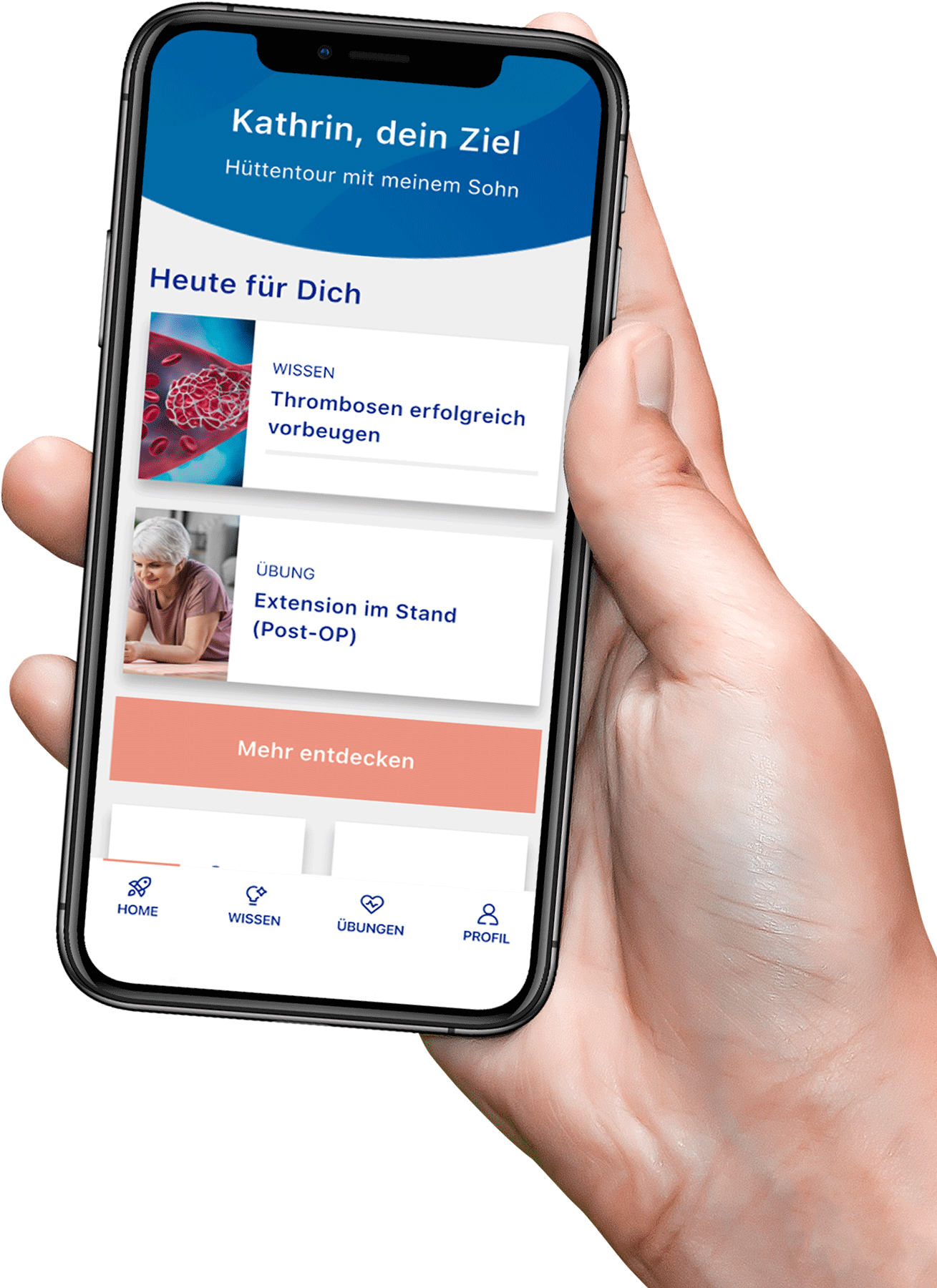 ActiveTEP-App im Überblick: Wissens-, Trainings- und Tagebuch-Module auf einem Smartphone-Mockup